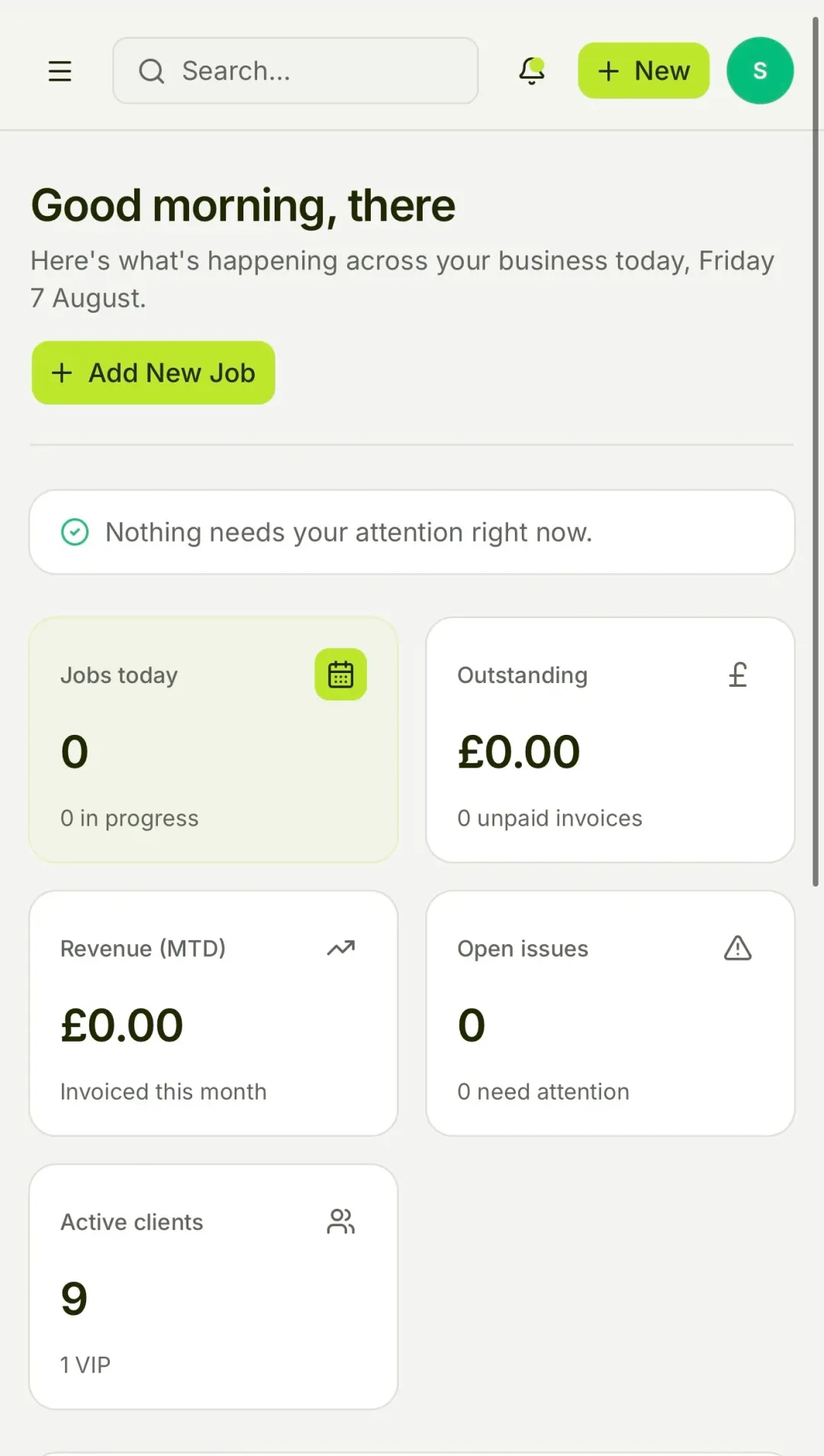 The Klenara operations dashboard on a phone — jobs, outstanding invoices, revenue and active clients