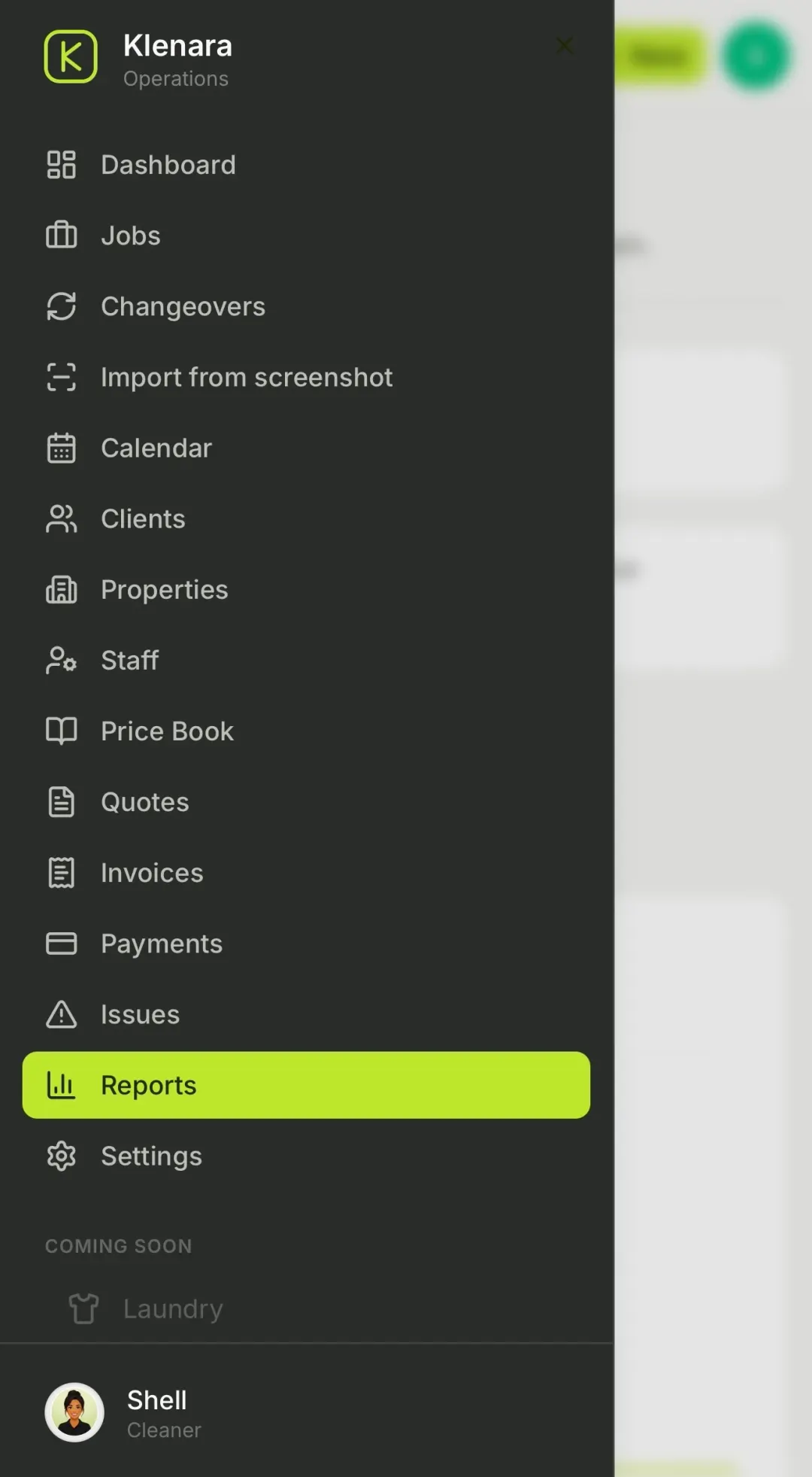 The Klenara operations menu — jobs, changeovers, clients, properties, staff, price book, quotes, invoices, payments and reports