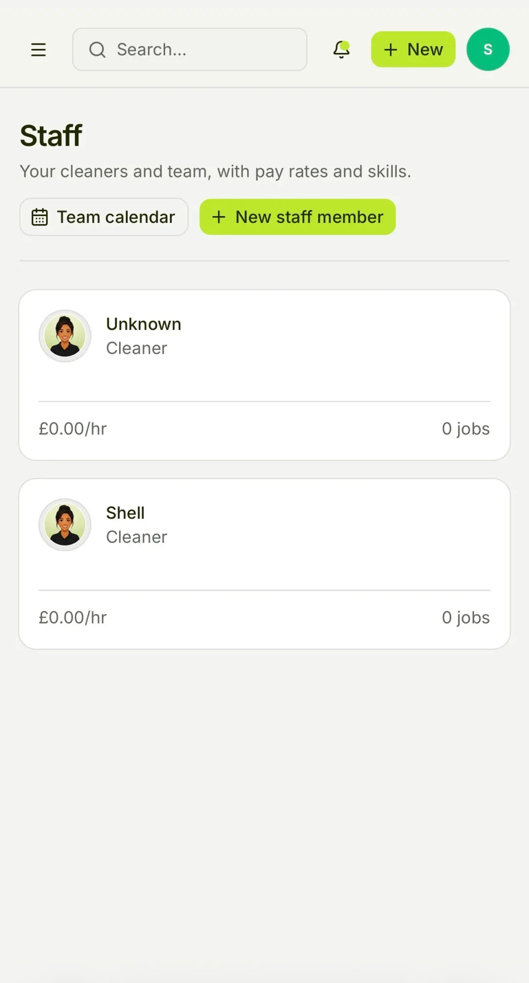 The Klenara staff screen listing cleaners with pay rates and jobs