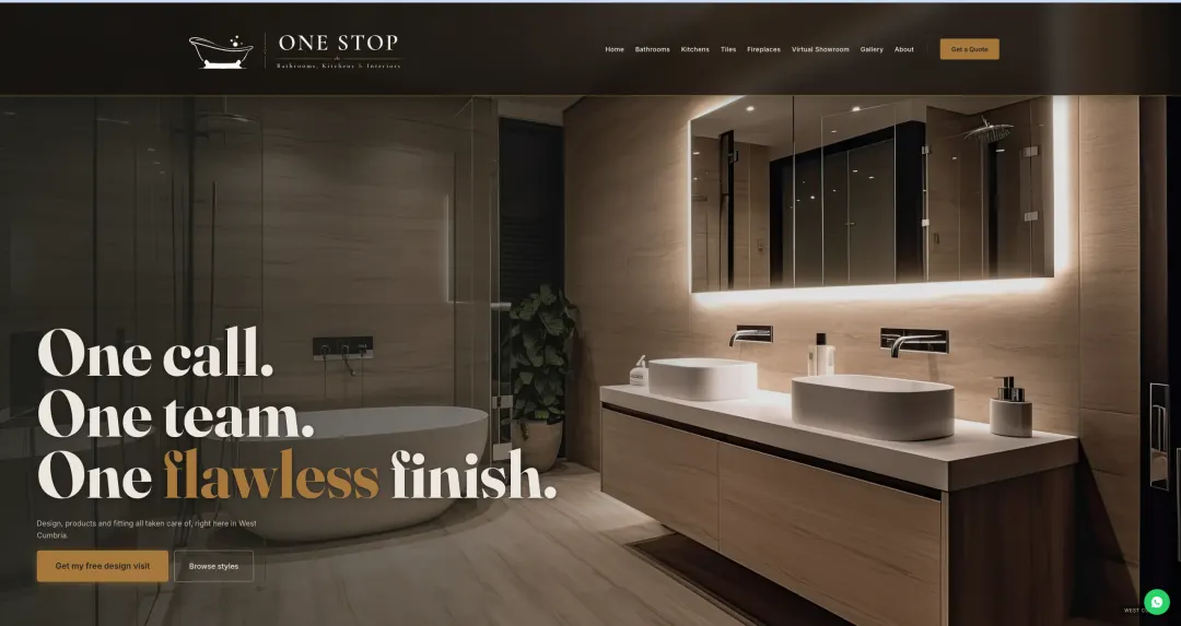The One Stop Bathrooms site — hero with showroom photography and quote call-to-action