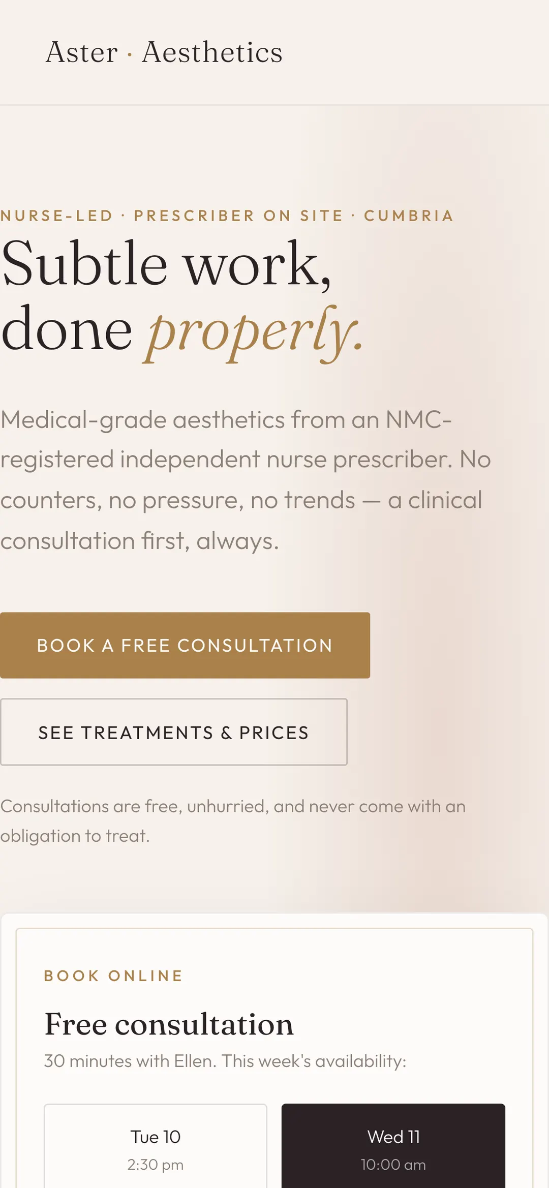 Aesthetics clinic website — mobile capture