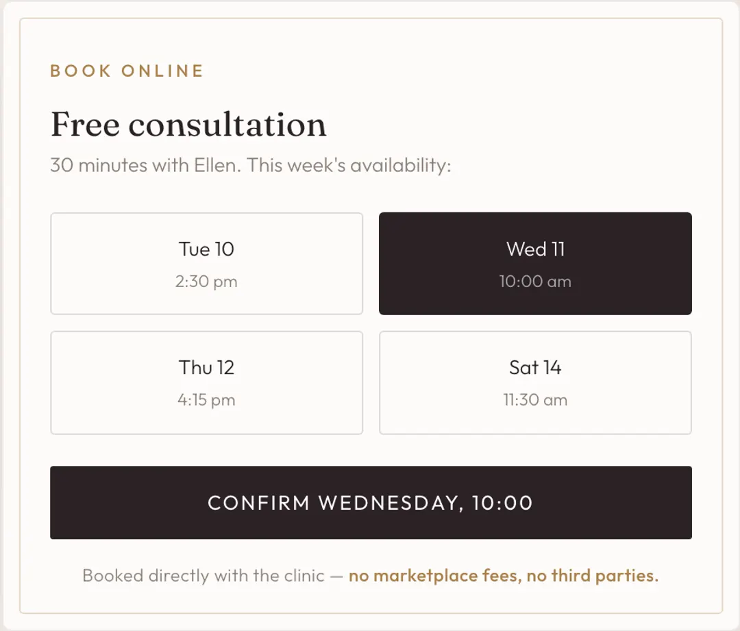 Aesthetics clinic website — Booking on the page