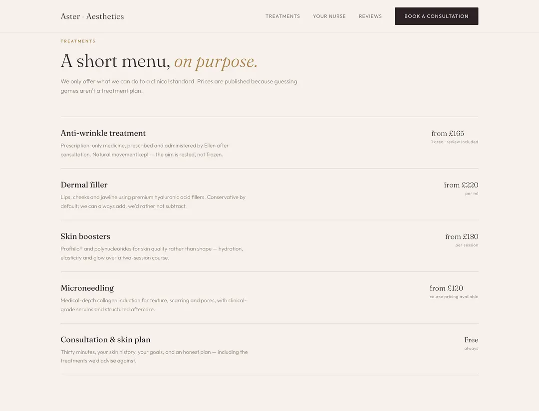 Aesthetics clinic website — Treatments with published prices