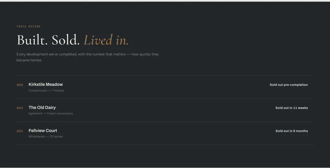 Residential developments website — Track record as evidence