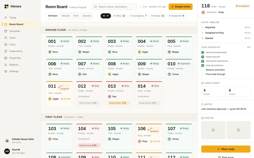 Klenara — Housekeeping operations for a 46-room hotel — every room's state, who is in it, and what is left to do, on one board.