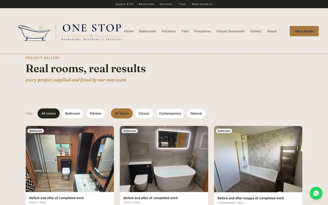 The One Stop Bathrooms project gallery — 'Real rooms, real results', with room and style filters above a grid of photographed completed bathrooms